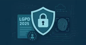 Ilustração digital representando a LGPD em 2025 com elementos de segurança da informação e proteção de dados