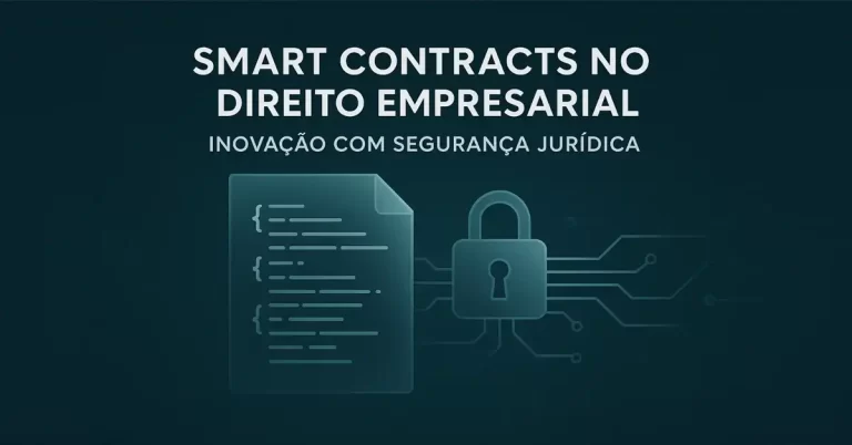 Representação visual de smart contract automatizado em ambiente digital corporativo, com foco em segurança jurídica e blockchain