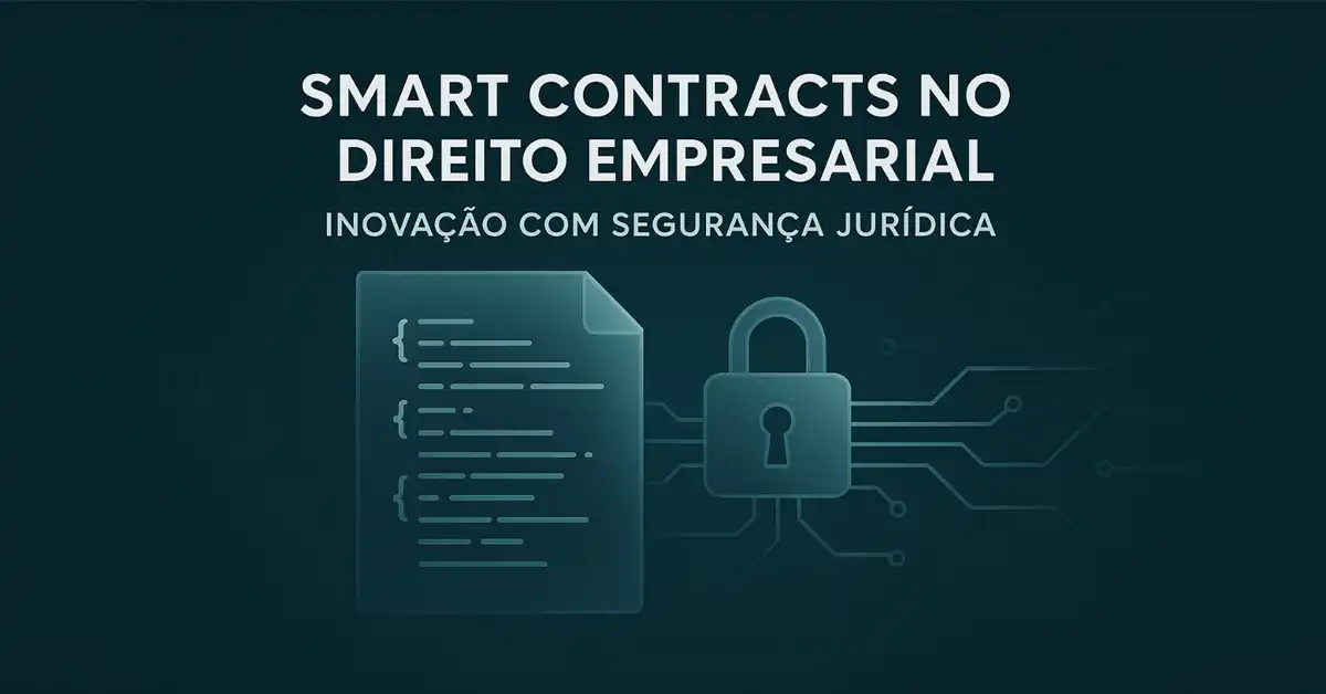 Representação visual de smart contract automatizado em ambiente digital corporativo, com foco em segurança jurídica e blockchain
